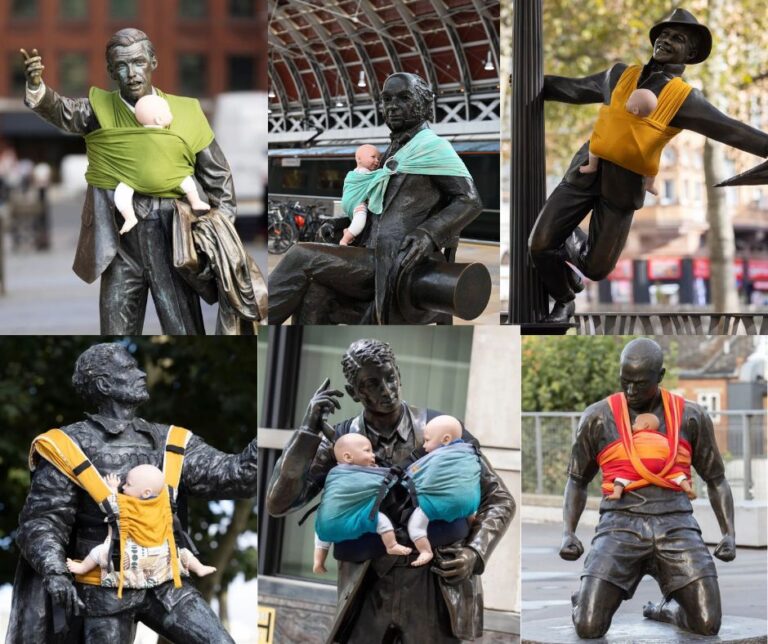 Activistas en Londres exigen reforma de la licencia de paternidad con protesta en estatuas