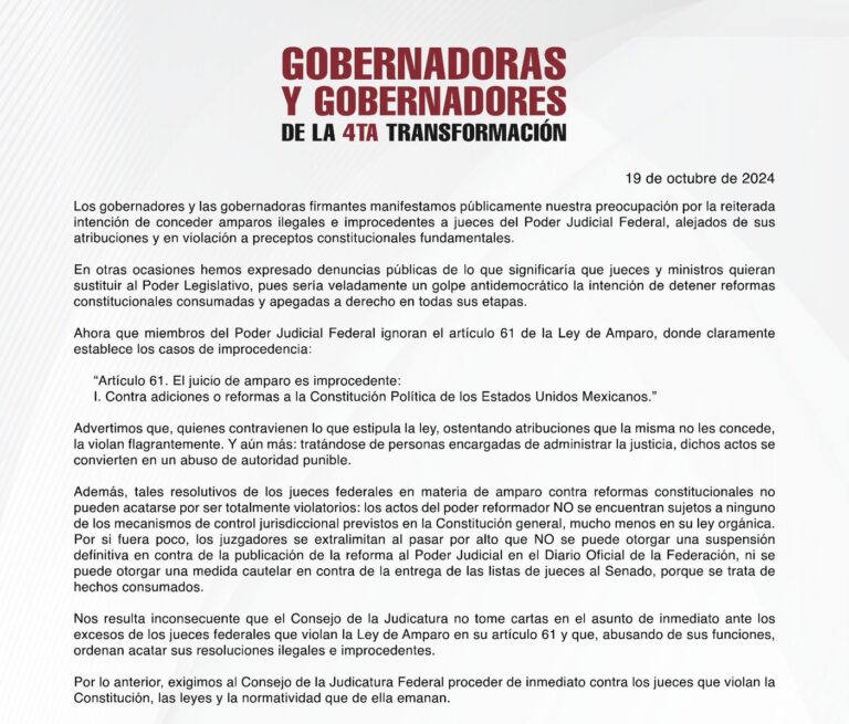 Gobernadores de Morena denuncian amparos ilegales otorgados a jueces del Poder Judicial Federal