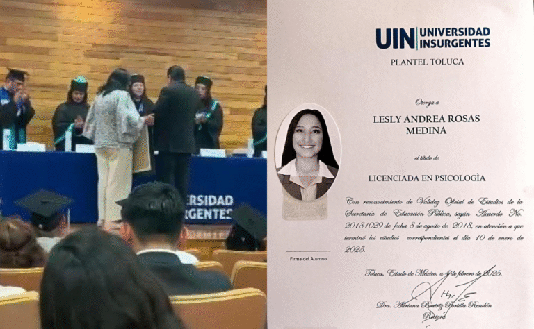 Padres de Lesly Andrea reciben su título universitario en emotiva ceremonia en Toluca
